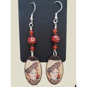 Artisan Oval Copper Dangle Earrings Red Jasper Beaded Espresso Cafe Lady Charm